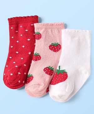 Cute Walk By Babyhug Knit Ankle Length Anti Bacterial Socks With Polka Dot & Strawberry Design Pack of 3 - White Pink & Red