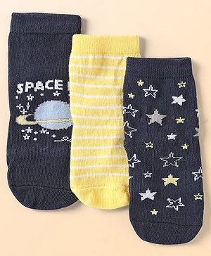 Cute Walk by Babyhug Ankle Length Anti Bacterial Socks With Stripes & Space Theme Design Pack of 3 - Navy Blue & Yellow