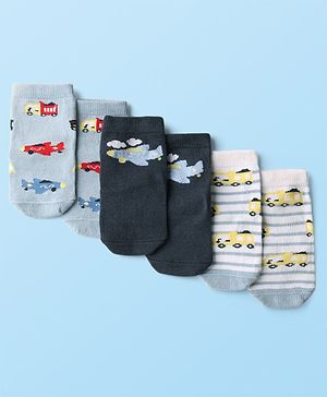 Cute Walk by Babyhug Knit Ankle Length Anti Bacterial Socks with Airplane Design Pack of 3 - Multicolor
