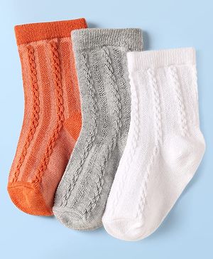 Cute Walk By Babyhug Knit Ankle Length Anti Bacterial Solid Socks Pack of 3 - White Grey & Orange