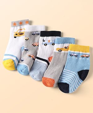 Cute Walk by Babyhug Ankle Length Anti Bacterial Socks With Car Design Pack of 5 - Multicolor