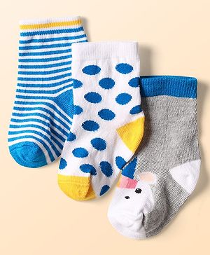 Cute Walk by Babyhug Ankle Length Anti Bacterial Socks With Animal & Polka Dot Design Pack of 3 - Multicolor