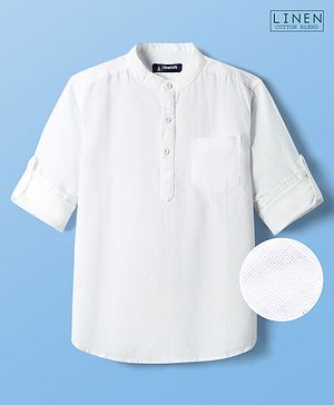 Pine Kids Linen Woven Full Sleeves Solid Color Mandarin Collar Kurta Style Shirt - White