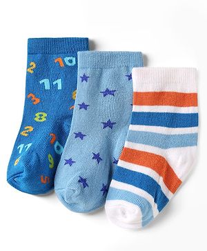 Cute Walk By Babyhug Knit Ankle Length Anti Bacterial Socks With Stripes & Star Design Pack of 3 - White & Blue