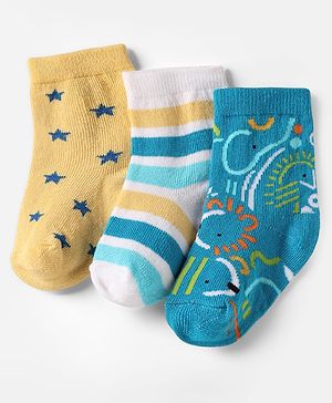 Cute Walk By Babyhug Knit Ankle Length Anti Bacterial Socks With Stripes & Animal Design Pack of 3 - Blue White & Yellow