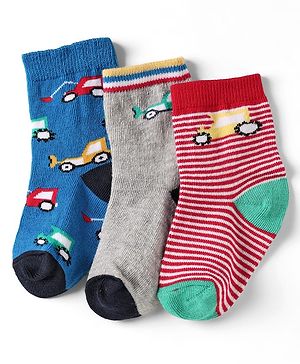 Cute Walk By Babyhug Knit Ankle Length Anti Bacterial Socks With Stripes & Vehicle Design Pack of 3 - Red Grey & Blue