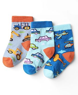 Cute Walk by Babyhug Knit Ankle Length Anti Bacterial Socks with Vehicle Design Pack of 3 - Multicolor