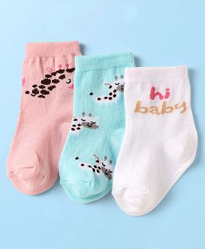 Cute Walk by Babyhug Knit Ankle Length Anti Bacterial Socks With Animal Design Pack of 3 - White Blue & Pink