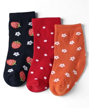 Cute Walk By Babyhug Knit Ankle Length Anti Bacterial Socks With Floral & Strawberry Design Pack of 3 - Orange Red & Black