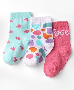 Cute Walk by Babyhug Knit Ankle Length Anti Bacterial Socks with Heart Design Pack of 3 - Pink White & Light Blue