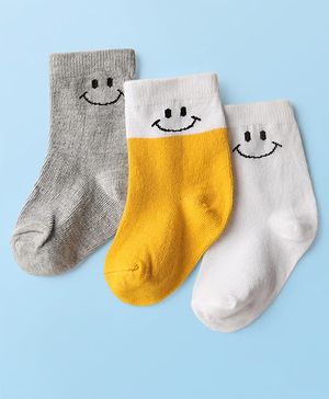 Cute Walk by Babyhug Knit Ankle Length Anti Bacterial Socks with Smiley Design Pack of 3 - Yellow White & Grey
