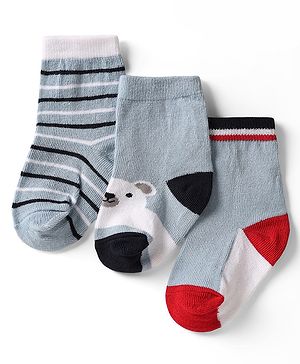 Cute Walk by Babyhug Knit Ankle Length Anti Bacterial Socks with Bear Design & Stripes Pack of 3 - Multicolor