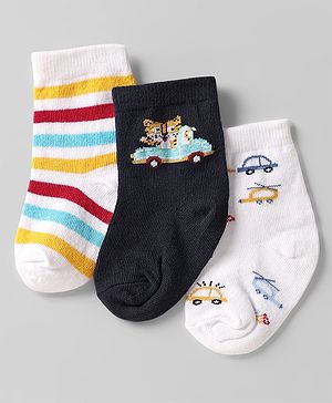 Cute Walk by Babyhug Knit Ankle Length Anti Bacterial Socks with Vehicle Design & Stripes Pack of 3 - Black & White