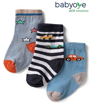 Cute Walk by Babyhug Knit Ankle Length Anti Bacterial Striped Socks with Car & Star Design Pack of 3 - Multicolor