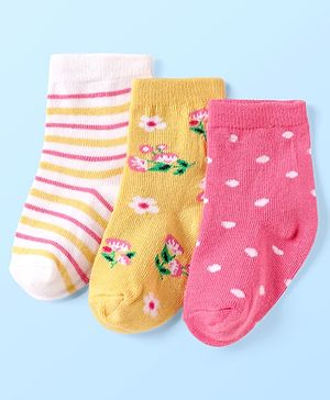 Cute Walk By Babyhug Knit Ankle Length Anti Bacterial Socks With Stripes & Floral Design Pack of 3 - Pink Yellow & White