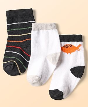 Cute Walk by Babyhug Ankle Length Anti Bacterial Socks With Stripes & Dino Design Pack of 3 - Multicolor