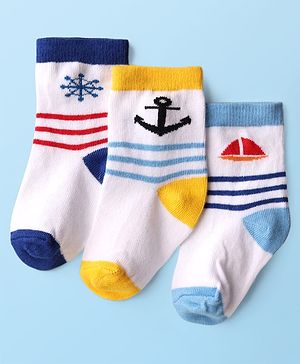 Cute Walk by Babyhug Knit Ankle Length Anti Bacterial Socks with Nautical Theme Design & Stripes Pack of 3 - Multicolor