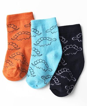 Cute Walk by Babyhug Knit Ankle Length Anti Bacterial Socks with Dino Print Pack of 3 - Orange Light Blue & Black