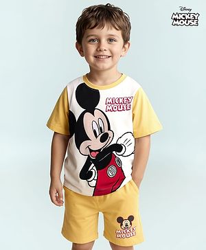 Babyhug Disney Single Jersey Knit Half Sleeves T-Shirt & Short Set With Mickey Mouse Print - Yellow & White