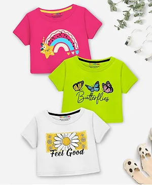 Trampoline Cotton Blend Pack Of 3
                              Half Sleeves Butterfly & Rainbow
                              Printed Crop Tops - Multi Colour