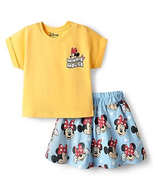 Babyhug Disney Single Jersey Knit Half Sleeves T-Shirt & Skirt Set With Minnie Mouse Print - Yellow & Light Blue