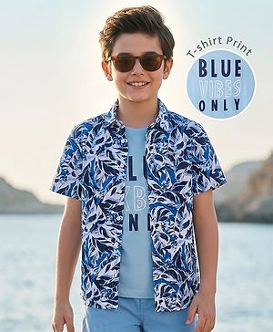 Pine Kids Cotton Woven Half Sleeves Floral Printed Shirt With T-Shirt - Blue