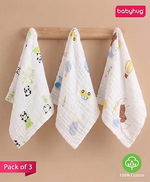Babyhug 6 Layer Muslin Cotton Wash Cloths for Babies| High Absorbency| Ultra Soft & Baby Safe| Machine Washable| Feeding| Diapering| Newborn Face Towel| Burp Cloth| Wipes Pack of 3 - Multicolor