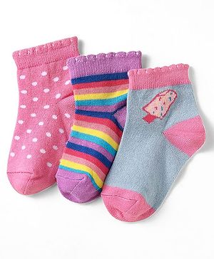 Cute Walk by Babyhug Knit Ankle Length Antibacterial Socks With Polka Dot Design & Stripes Pack Of 3 - Pink & Purple