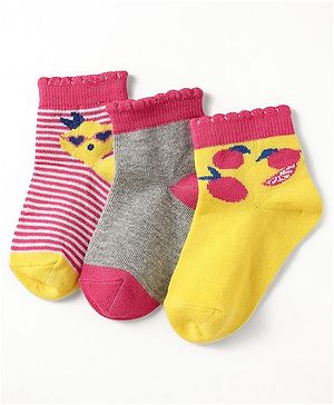 Cute Walk by Babyhug Knit Ankle Length Antibacterial Socks With Stripes & Tropical Theme Design Pack Of 3 - Grey Yellow & Pink