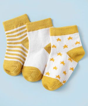 Cute Walk by Babyhug Knit Ankle Length Antibacterial Socks With Stripes & Star Design Pack Of 3 - Mustard & White