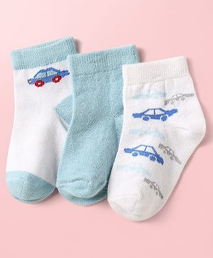 Cute Walk by Babyhug Knit Ankle Length Antibacterial Socks With Vehicle Design Pack Of 3 - Light Blue & White