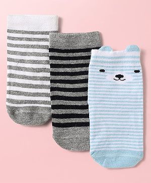 Cute Walk by Babyhug Knit Ankle Length Antibacterial Socks With Stripes Pack Of 3 - Light Blue Black & Grey
