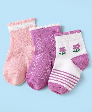 Cute Walk by Babyhug Knit Antibacterial Ankle Length Socks With Stripes & Floral Design Pack Of 3 - Pink Purple & White
