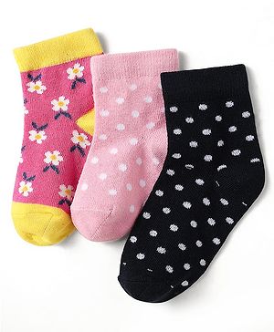 Cute Walk by Babyhug Knit Antibacterial Ankle Length Socks With Polka Dots & Floral Design Pack Of 3 - Pink & Black