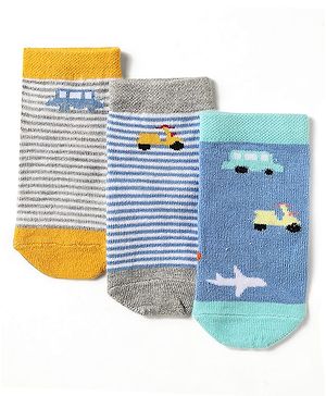 Cute Walk by Babyhug Knit Antibacterial Ankle Length Socks With Stripes & Vehicle Design Pack Of 3 - Light Blue Grey & Yellow