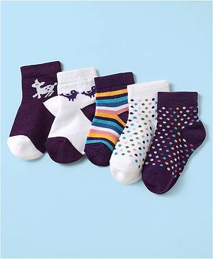 Cute Walk by Babyhug Knit Antibacterial Ankle Length Socks With Polka Dots & Animal Design Pack Of 5 - Multicolour