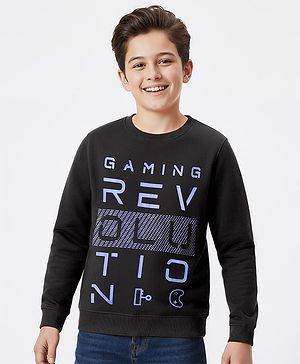 Pine Kids Cotton Knit Full Sleeves Text Printed Sweatshirt - Black