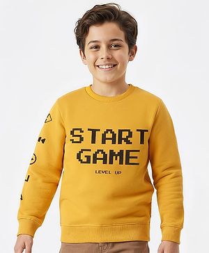 Pine Kids Knit Full Sleeves Sweatshirt With Text Print - Gold