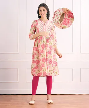 Bella Mama Viscose Woven Three Fourth
                              Sleeves Maternity Kurta with Floral Print
                              & Lace Detailing - Pink