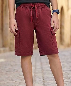 Pine Kids Cotton Elastane Woven Above Knee Length Solid Color Shorts - Red