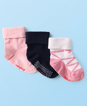Cute Walk by Babyhug Knit Ankle Length Anti Bacterial Anti Skid Socks with Nautical Design Pack of 3 - Black Pink & White
