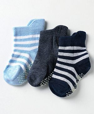 Cute Walk by Babyhug Knit Antibacterial Ankle Length Anti Skid Socks With Stripes Pack Of 3 - Black & Light Blue