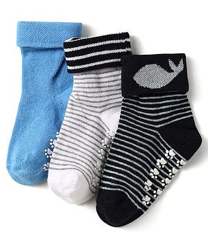 Cute Walk by Babyhug Knit Antibacterial Ankle Length Anti Skid Socks With Stripes Pack Of 3 - Black Light Blue & Grey