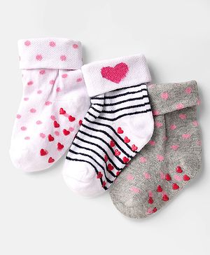 Cute Walk by Babyhug Ankle Length Anti Bacterial Anti Skid Socks with Heart Deign & Stripes Pack of 3 - Grey & White