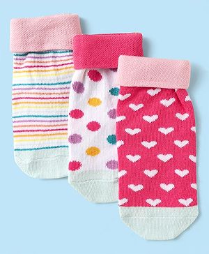 Cute Walk by Babyhug Knit Antibacterial Ankle Length Anti Skid Socks With Stripes & Polka Dots Design Pack Of 3 - Pink & White