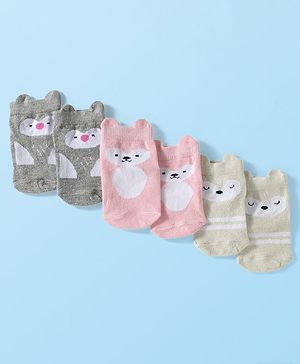Cute Walk by Babyhug Knit Ankle Length Anti Bacterial Anti Skid Socks with Animal Design Pack of 3 - Grey Pink & Cream