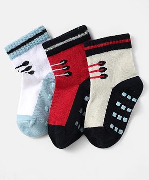 Cute Walk by Babyhug Knit Antibacterial Ankle Length Anti Skid Socks With Shoes Design Pack Of 3 - Red White & Cream