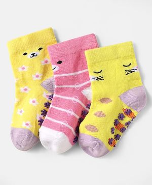 Cute Walk by Babyhug Knit Ankle Length Anti Skid Socks With Stripes & Floral Design Pack Of 3 - Yellow & Pink