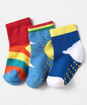 Cute Walk by Babyhug Knit Antibacterial Ankle Length Anti Skid Socks With Sun Design Pack Of 3 - Red Blue & Light Blue