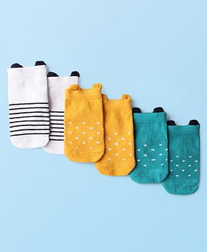 Cute Walk by Babyhug Knit Ankle Length Anti Bacterial Anti Skid Socks with Polka Dot Design & Stripes Pack of 3 - Yellow Mint & White